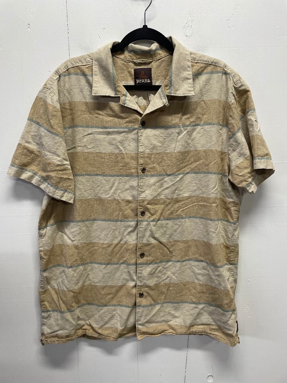Prana Men's Short Sleeve Button Up Shirt Size XL Beige & Tan Striped